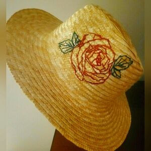 Anthropologie Embroidered Straw Hat with Red Rose by San Diego Hat Company